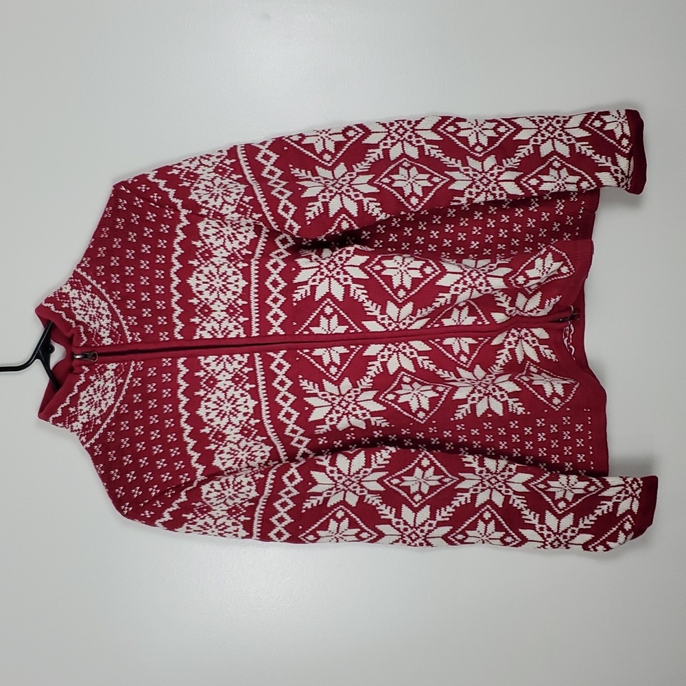 LL Bean Fair Isle Sweater Jacket Full Zip Winter Christmas Snowflakes Womens S